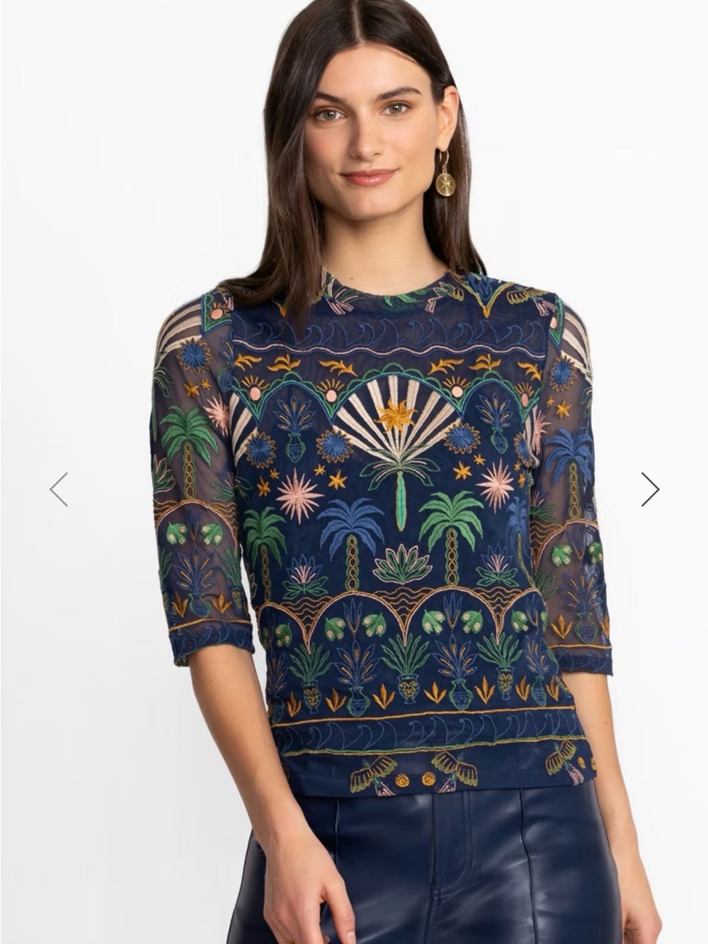 Johnny Was-Jade-Kaia mesh tee stretch Del Mar navy Embroidery elbow sleeve Sz S - Picture 8 of 15